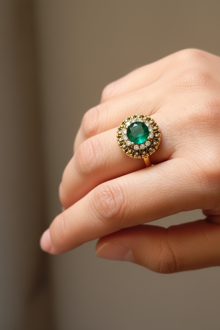 Anillo de esmeralda en dedo corazón