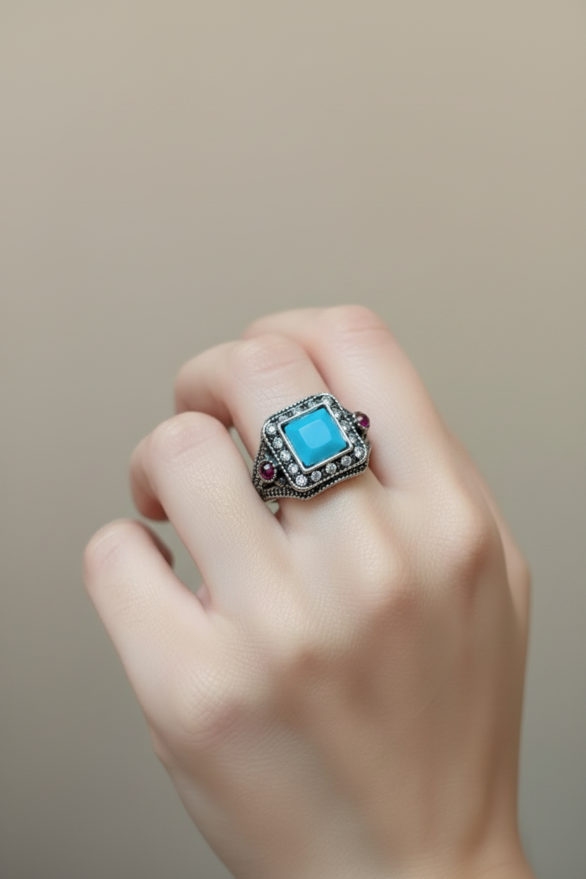 Mano de mujer con anillo de turquesa más pequeño