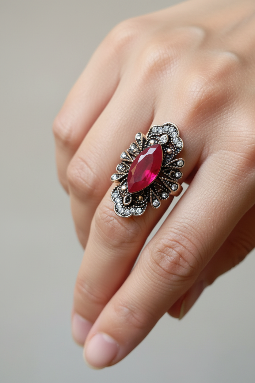 Mano de mujer con anillo rojo vintage